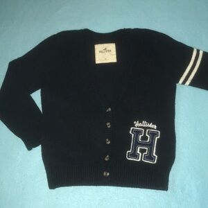 HOLLISTER varsity style button up cardigan navy and white H patch detail size S